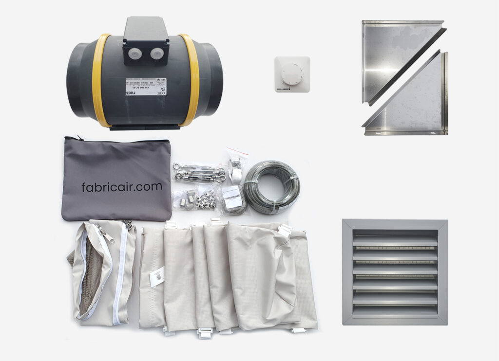 Image of component set with
Axial fan, textile ventilation hose, weather protection grille, control unit and wall bracket